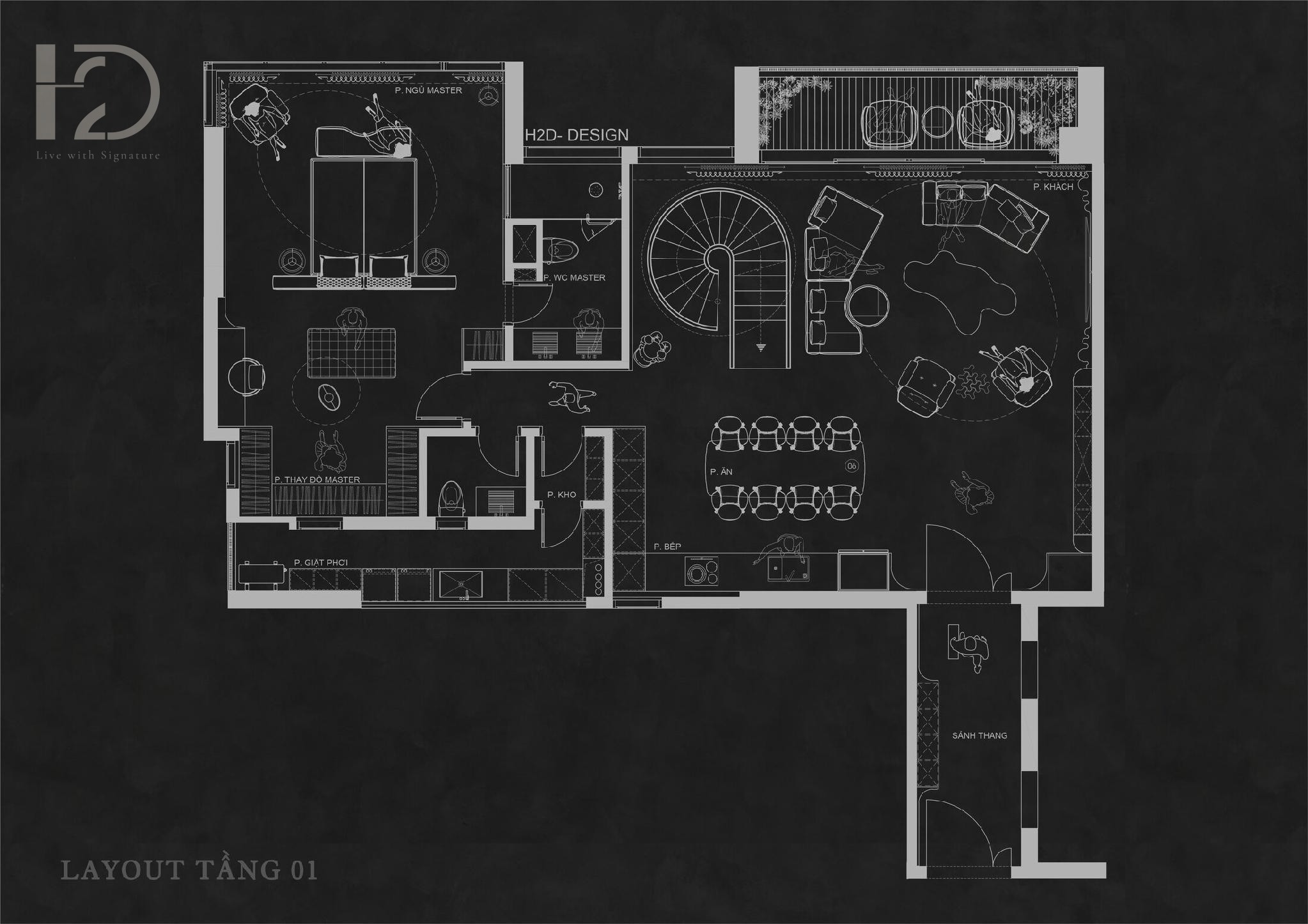 Mặt bằng tầng 1 căn Duplex Heritage với phòng khách bếp liên thông